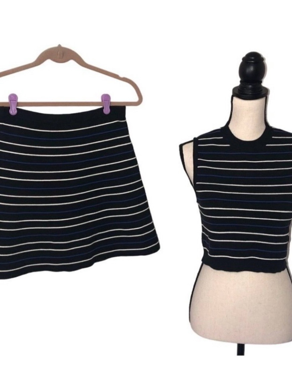 Free People Size M Skirt Set Knit Mini Black Blue White Stripe Sleeveless Skater